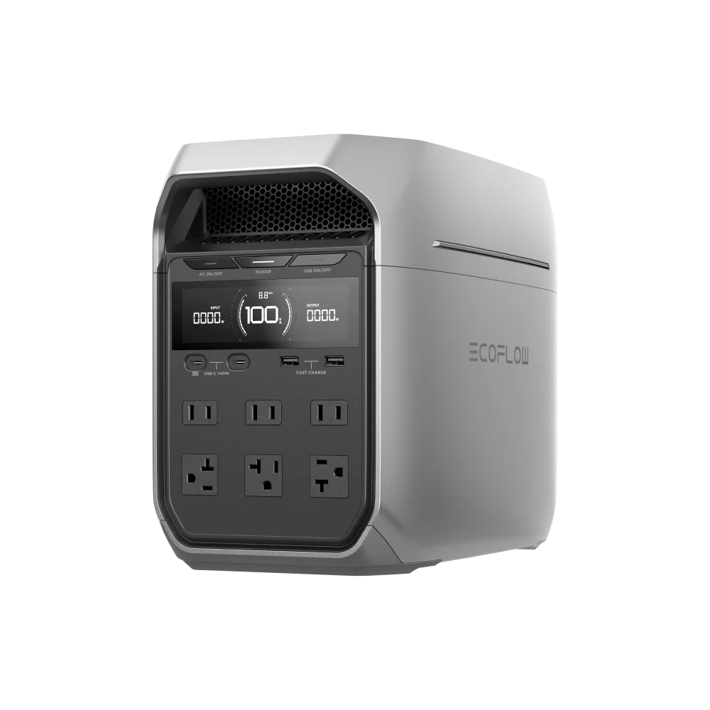 EcoFlow DELTA 3 Plus power station, front three-quarter view showing the display and AC outlets