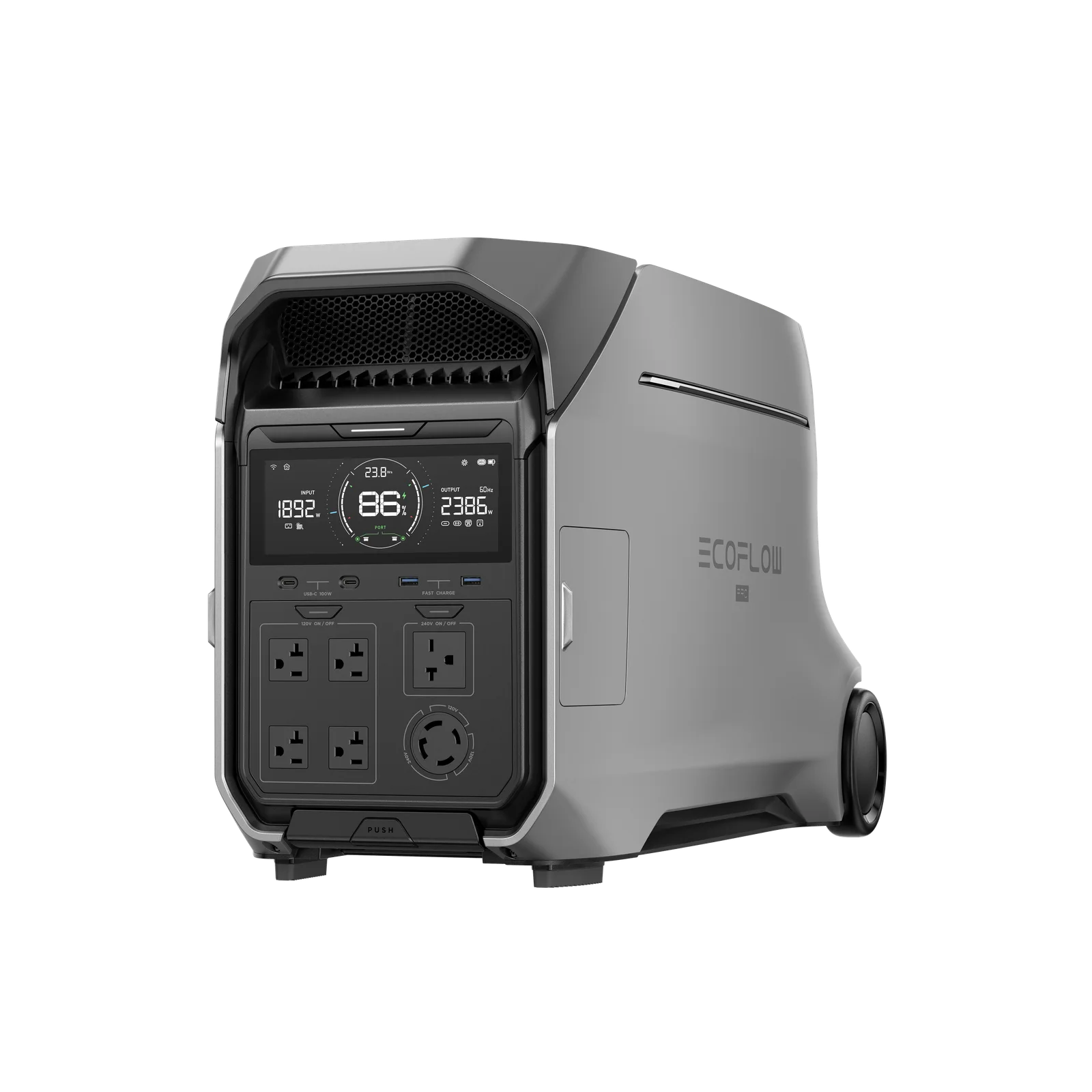 EcoFlow DELTA Pro 3 power station, front three-quarter view with wheels